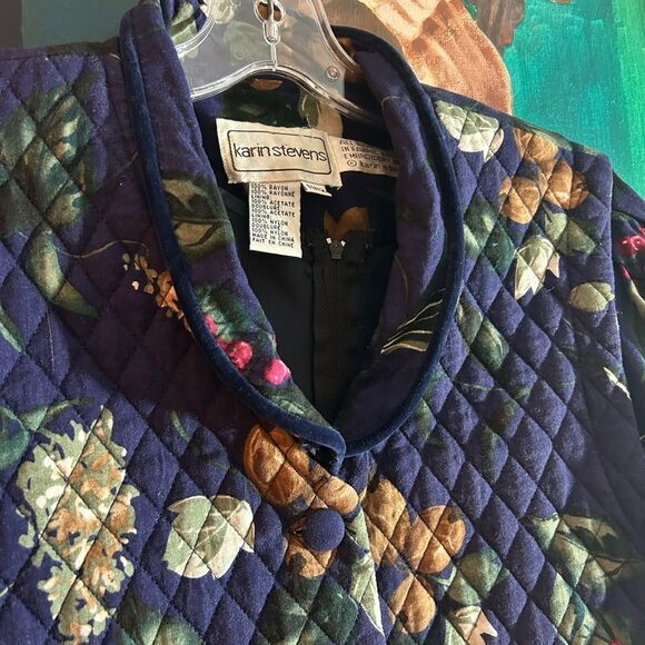 Vintage 90s Karin Stevens Blue Floral Quilted Jacket Dress Size 11/12 - Picture 9 of 16